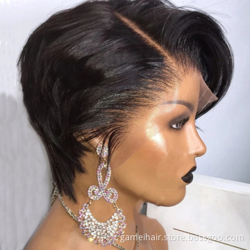Short Bob  Pixie Cut Wig Straight Human Hair T Part Transparent Lace Wig Side Part Wig For Women Preplucked Hairline